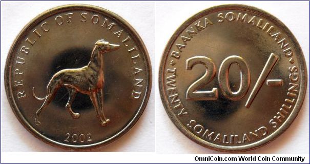 20 shillings.
2002, Republic of Somaliland. Greyhound Dog
