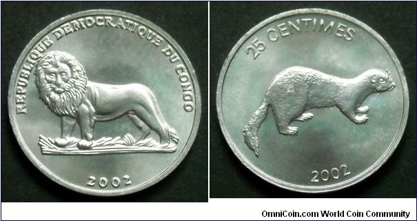25 centimes.
2002, Democratic Republic of Congo.
Weasel