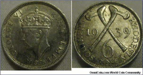 EF lustrous 1939 sixpence 200k minted. from southern rhodesia, a bit discoloured but the detail is all there