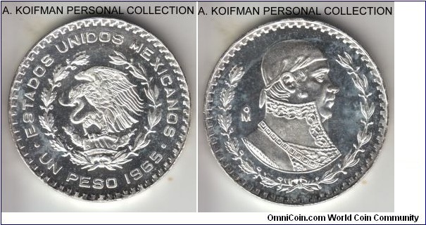 KM-459, 1965 Mexico peso; silver (low grade), lettered edge; proof like brilliant uncirculated.