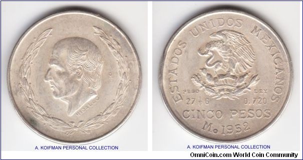 KM-467, 1952 Mexico 5 pesos; silver, lettered edge; extra fine condition but some buckling and a rim bump.