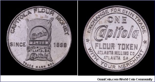 Advertising, good for token issued by Capitola Flour, Atlanta, Georgia. 1955 is a guess for a date. Aluminum