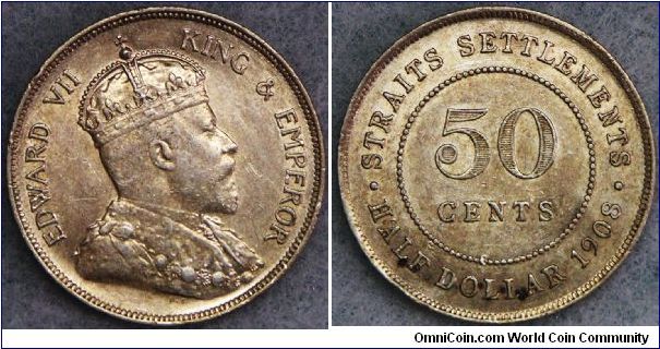 British Straits Settlements Edward VII small type 50 Cents, toned extra fine.