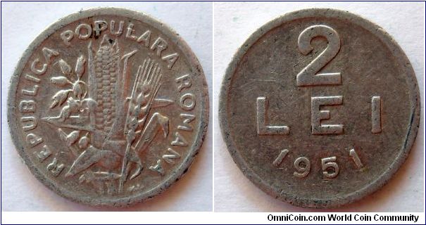 2 lei.
1951, Republica Populara Romana.
Aluminum