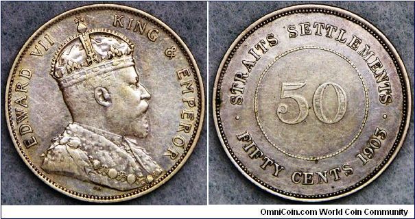 British Straits Settlements Edward VII large 50 Cents, scarce.