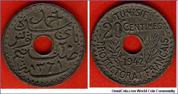 French Protectorate
20 centimes
AH1361
Ahmad Pasha Bey
zinc