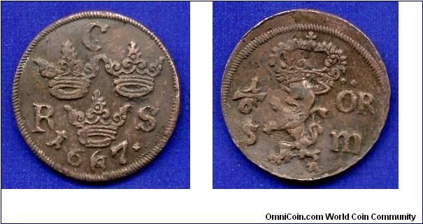 1/6 ore.
Kingdom of Sweden.
King Karl XI (1660-1697).


Cu.