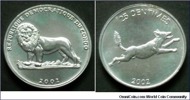 25 centimes.
2002, Democratic Republic of Congo.
Wild Dog