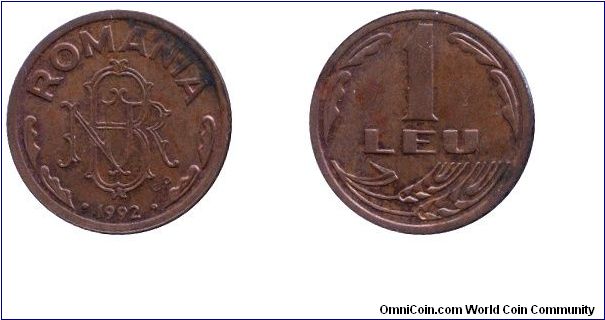 Romania, 1 leu, 1992, Bronze-Steel.                                                                                                                                                                                                                                                                                                                                                                                                                                                                                 