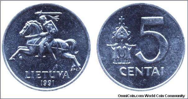 Lithuania, 5 centai, 1991, Al.                                                                                                                                                                                                                                                                                                                                                                                                                                                                                      