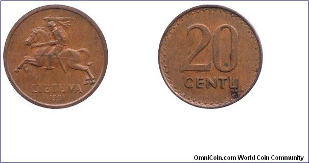 Lithuania, 20 centu, 1991, Bronze.                                                                                                                                                                                                                                                                                                                                                                                                                                                                                  