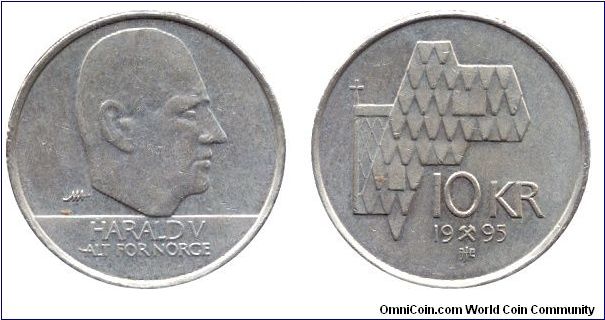 Norway, 10 kroner, 1993, Cu-Ni-Zn, 24mm, 6.8g, King Harald V, Roof of a Church.                                                                                                                                                                                                                                                                                                                                                                                                                                     