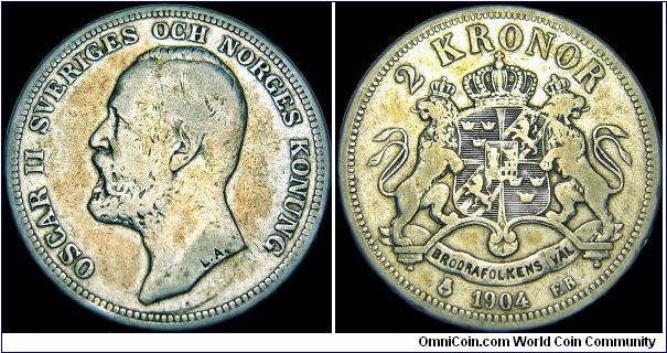 Sweden - 2 Krona - 1904 - Weight 15 gr - Silvercoin Ag 0,800 - Ag 0,3858 Troy Ounce - Size 31 mm - Regent / Oscar II - Mintage 175 029 - Engraver / Lea Fredrika Ahlborn - Minted in Stockholm / Sweden - Reference KM# 761