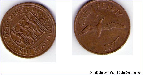 Guernsey, 1 penny, 1977, Bronze, Gannet Bird, S-Ballivie Insvle Degernereve.