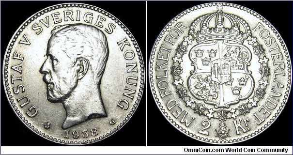 Sweden - 2 Krona - 1938 - Weight 15 gr - Silvercoin Ag 0,800 - Ag 0,3858 Troy Ounce - Size 31 mm - Regent / Gustaf V - Mintage 638 970 - Engraver / Adolf Lindberg - Minted in Stockholm / Sweden - Reference KM# 787 (1910-40)