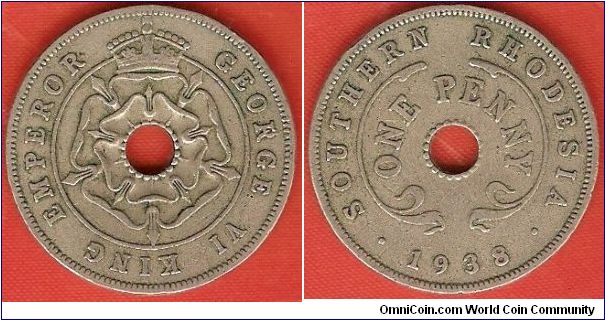 Southern Rhodesia
1 penny
George VI King Emperor
crowned rose
with center hole
copper-nickel