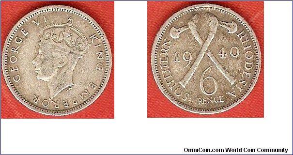 Southern Rhodesia
6 pence
George VI King Emperor, portrait by Percy Metcalfe
crossed axes
0.925 silver