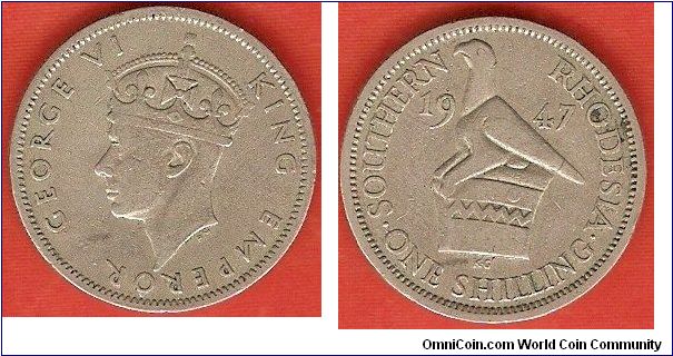 Southern Rhodesia
1 shilling
George VI King Emperor, portrait by Percy Metcalfe
bird sculpture
copper-nickel