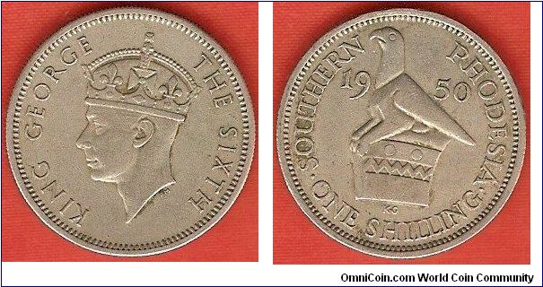 Southern Rhodesia
1 shilling
King George VI, portrait by Percy Metcalfe
bird sculpture
copper-nickel