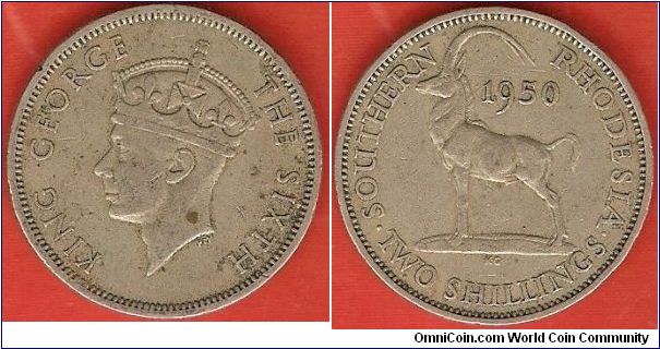 Southern Rhodesia
2 shillings
King George VI, portrait by Percy Metcalfe
sabel antelope
copper-nickel