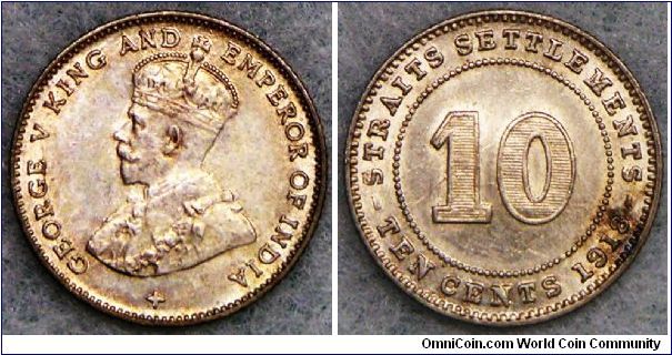 British Straits Settlements George V 10 Cents, 1918. Toned AU+. Scratch on reverse, otherwise uncirculated.