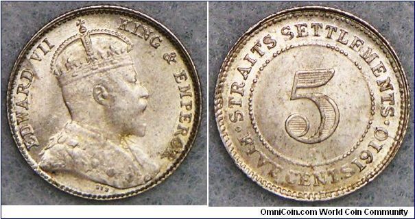 British Straits Settlements Edward VII 5 Cents, 1910B. Toned weak struck uncirculated, a lustrous example.