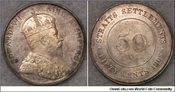 British Straits Settlements Edward VII large 50 Cents, 1905, raised B. AU+. Scarce (type & condition). Note: Although Krause/other catalogs indicated that 1905 variety is least scarce amongst large 50 cents (1902 & 1903), but this variety is seldom offer and scarce as both 1902 & 1903 varieties, which could observe from past auction records, retails/ numismatics market. The question is Krause/other catalogs follow the mintage to judge the 1905B rarity rather than the actual pieces exist/offered.