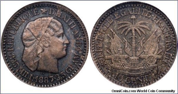 Haiti 1887 10 Centimes.  Beautiful toned and design. Mint: Paris. NGC-MS62.