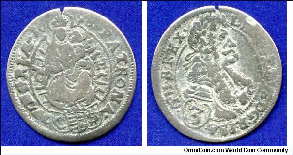 3 kreuzer.
Leopold I (1658-1705) Emperor of Holy Roman Empire.
'CH'- Pressburg mint.


Ag.