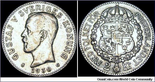 Sweden - 2 Krona - 1930 - Weight 15 gr - Silvercoin Ag 0,800 - Ag 0,3858 Troy Ounce - Size 31 mm - Regent / Gustaf V - Mintage 178 387 - Engraver / Adolf Lindberg - Minted in Stockholm / Sweden - Reference KM# 787 (1910-40)