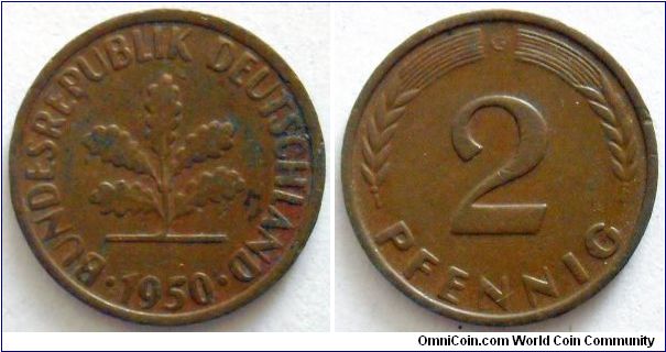 2 pfennig.
1950, Mintmark 'G'
(Karlsruhe)