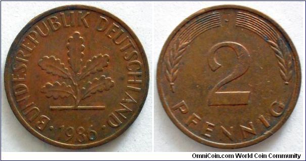 2 pfennig.
1986, Mintmark 'J'
(Hamburg)