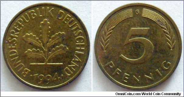 5 pfennig.
1994, Mintmark 'G'
(Karlsruhe)