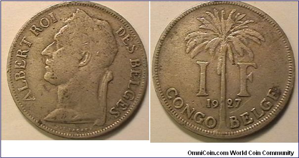 Belgian Congo, 1 Franc, French legend, Copper-nickel