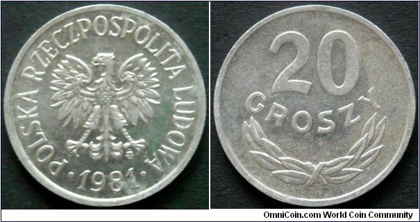 20 groszy.
1981, Mintage 60.082.000 units.