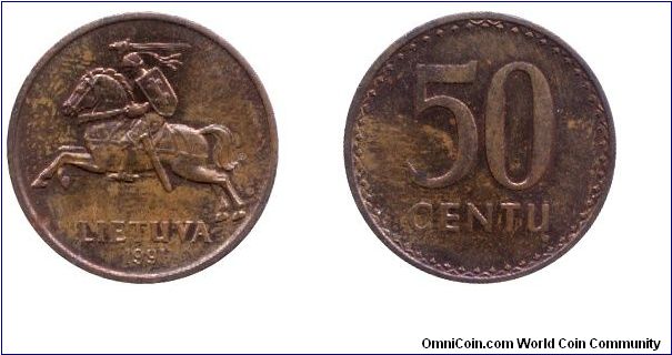 Lithuania, 50 centu, 1991, Bronze.                                                                                                                                                                                                                                                                                                                                                                                                                                                                                  