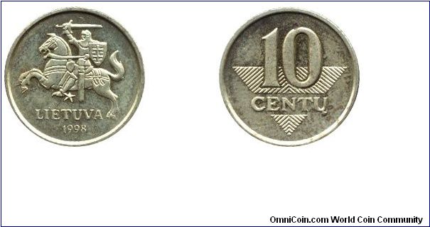 Lithuania, 10 centu, 1998, 17mm, 2.60g.                                                                                                                                                                                                                                                                                                                                                                                                                                                                             