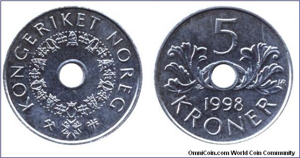 Norway, 5 kroner, 1998, 26mm, 7.85g, holed.                                                                                                                                                                                                                                                                                                                                                                                                                                                                         