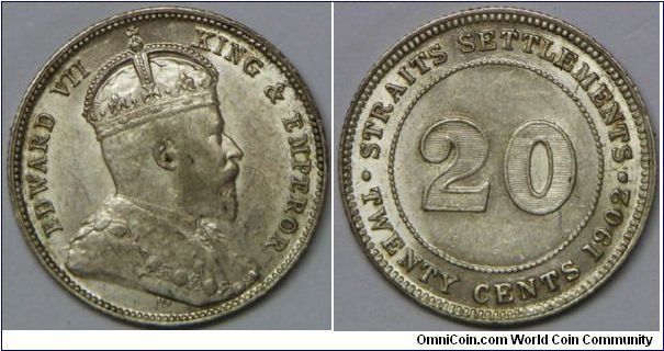 British Straits Settlements Edward VII 20 Cents, 1902. Scarce in this condition.