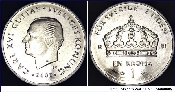 Sweden - 1 Krona - 2008 - Weight 7 gr - Cu 75% / Ni 25% - Size 25 mm - Regent / Carl XVI Gustaf - Designer / Ernst Nordin - Minted in Vantaa / Finland - Edge : Reeded