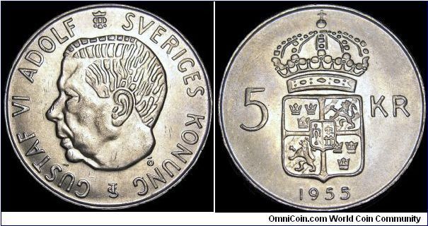 Sweden - 5 Kronor - 1955 - Weight 18 gr - Silvercoin Ag 0,400 - Ag 0,2315 Troy Ounce - Size 36 mm - Regent / Gustav VI Adolf (1960-73) - Mintage 3 568 988 - Engraver / Léo Holmgren - Minted in Stockholm / Sweden - Edge lettering : PLIKTEN FRAMFÖR ALLT - Reference KM# 829 (1954-71)