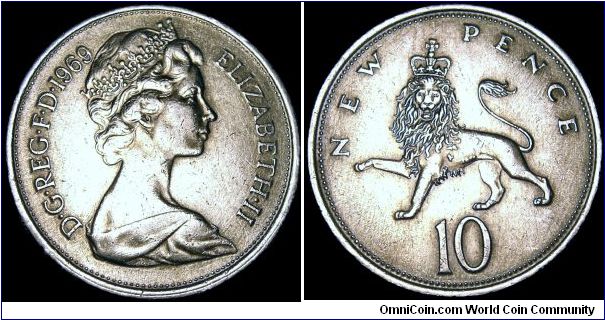 United Kingdom - 10 New Pence - 1969 - Weight 11,31 gr - Cu / Ni - Size 28,5 mm - Ruler / Elizabeth II - Mintage 314 008 000 - Designer / Arnold Machin - Reference KM# 912