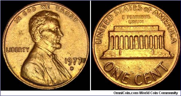 USA - One Cent Licoln Memorial - 1977 - Weight 3,11 gr - Copper-Zink - Size 19 mm - President / Gerald Ford - Mintage 4 149 062 300 - Minted in Denver - Obverse Designer / Victor D. Brenner - Reverse Designer / Frank Gasparro - Reference KM# 201