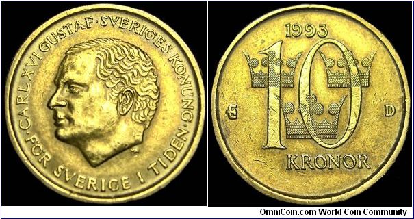Sweden - 10 Krona - 1993 - Weight 6,6 gr - Cu 89% / Al 5% / Zn 5% / Sn 1% - Size 20,5 mm - Regent / Carl XVI Gustav - Mintage 20 107 110 - Minted in Stockholm / Sweden - Reference KM# 877