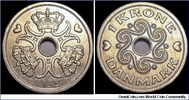 Denmark - 1 Krone - 1992 - Weight 3,6 gr - Copper-Nickel - Size 20 mm - Ruler / Margrethe II - Mintage 81 621 000 - Reference KM# 873.1