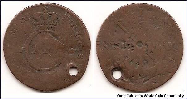 1/2 Skilling
KM#596
Copper. Ruler Carl XIV Johan. Obv: Crowned C monogram, XIV within. Rev: Crossed arrows divide value, 1/2 and date