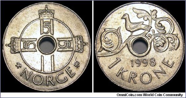 Norway - 1 Krone - 1998 - Weight 4,3 gr - Copper-Nickel - Size 21 mm - Regent / Harald V - Mintage 139 493 000 - Reference KM# 462 (1997-2000)