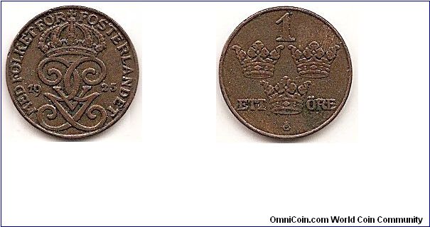 1 Ore
KM#777.2
g., Bronze, 16 mm. Ruler: Gustaf V Obv: Large cross Rev: Value and crowns Edge: Plain