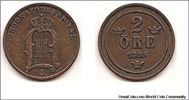 2 Ore
KM#746
3.9100 g., Bronze, 21 mm. Ruler: Oscar II Obv: Large lettering Rev: Value, date and crowns within circle