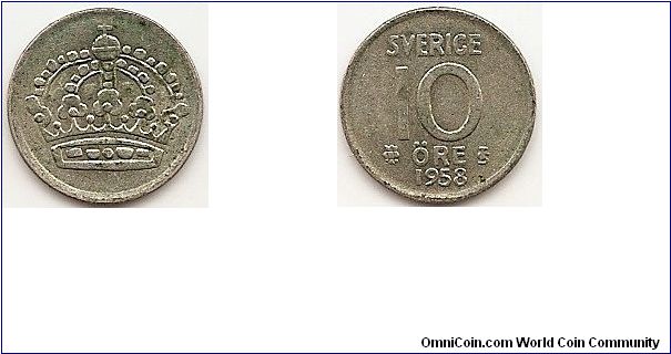 10 Ore
KM#823
1.4400 g., 0.4000 Silver 0.0185 oz. ASW, 15 mm. Ruler: Gustaf VI Obv: Crown Rev: Value